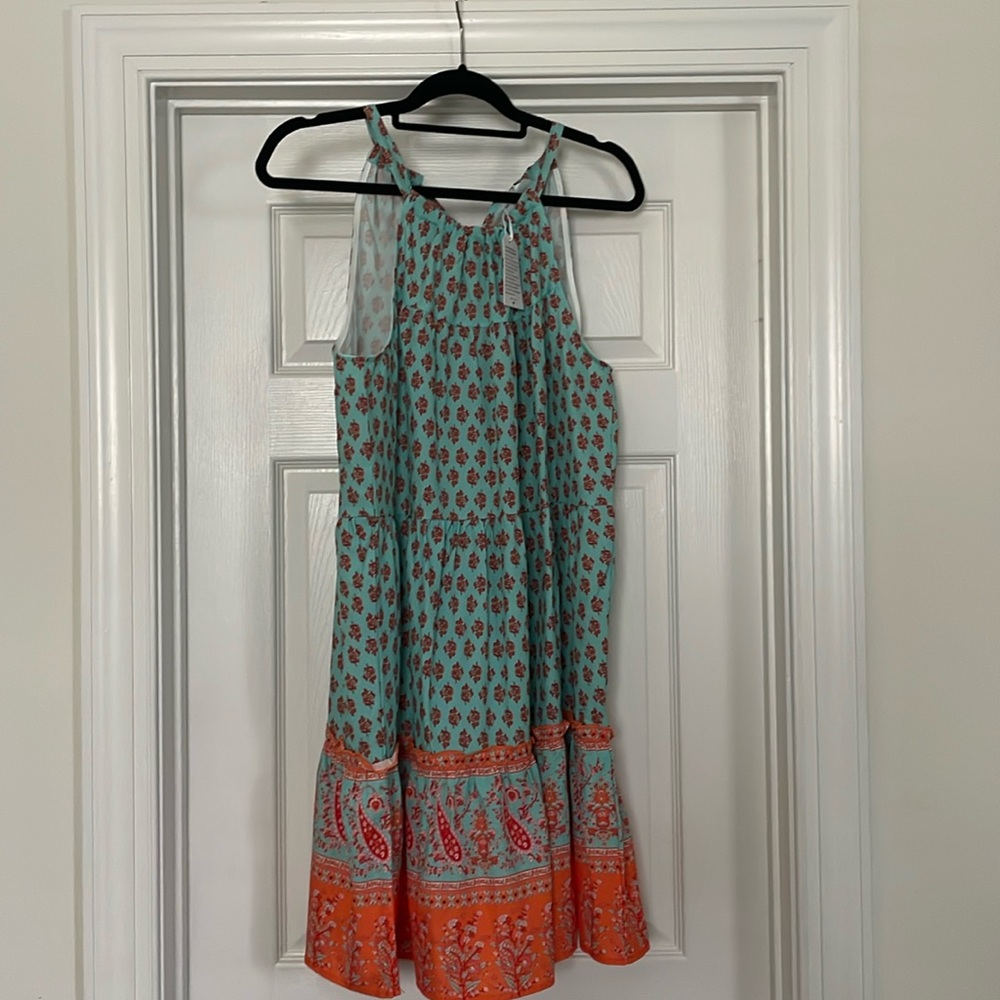 NWT tank mini dress.  Orange and green geometric paisley size Large